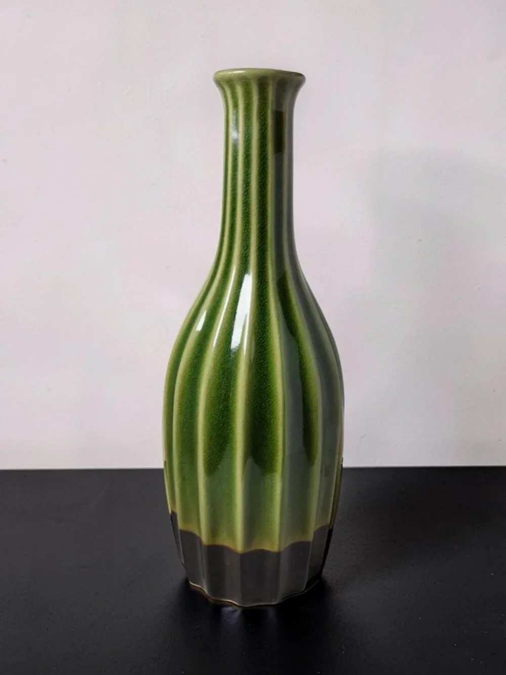Vintage Dk.Green,Black Heavy Ceramic Ribbed Flanged Lip Vase